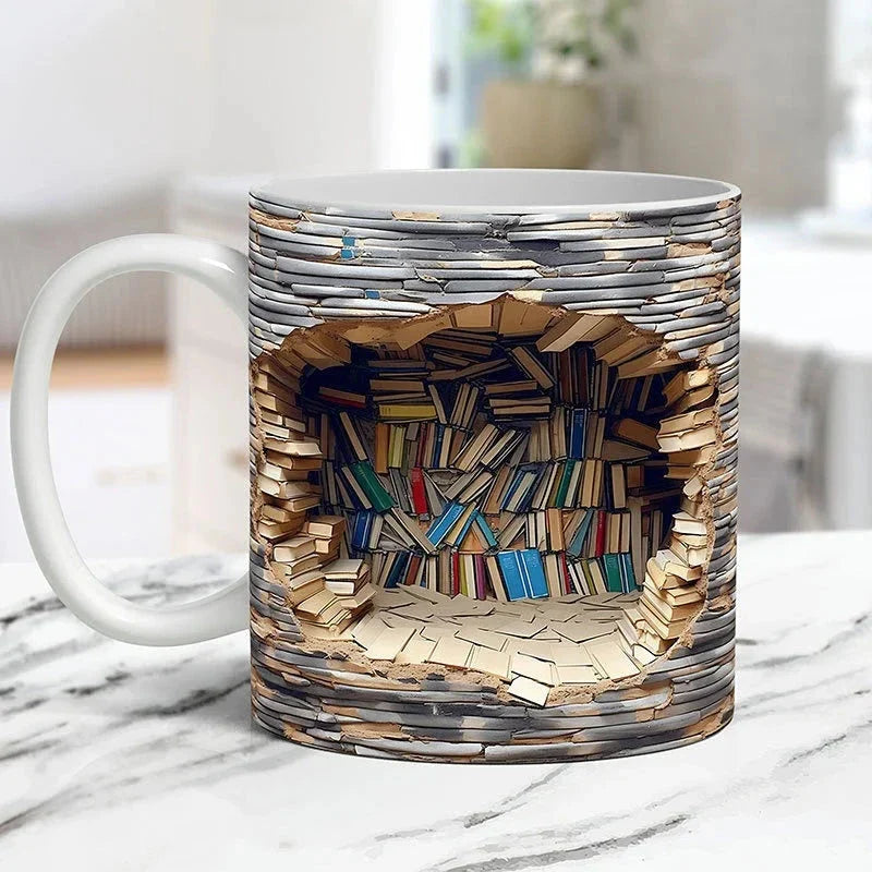 3D Library Bookshelf Mug, Coffee Mugs Gift for Book Lovers