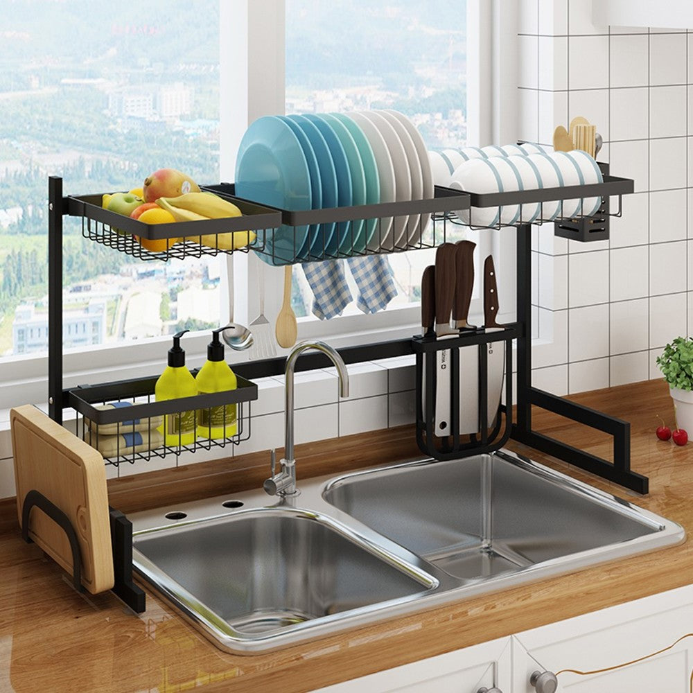 34.6" Stainless Steel Black Dish Drying Rack Over Kitchen Sink, Dishes and Utensils Draining Shelf