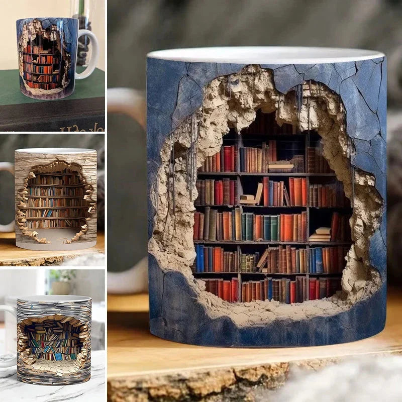 3D Library Bookshelf Mug, Coffee Mugs Gift for Book Lovers