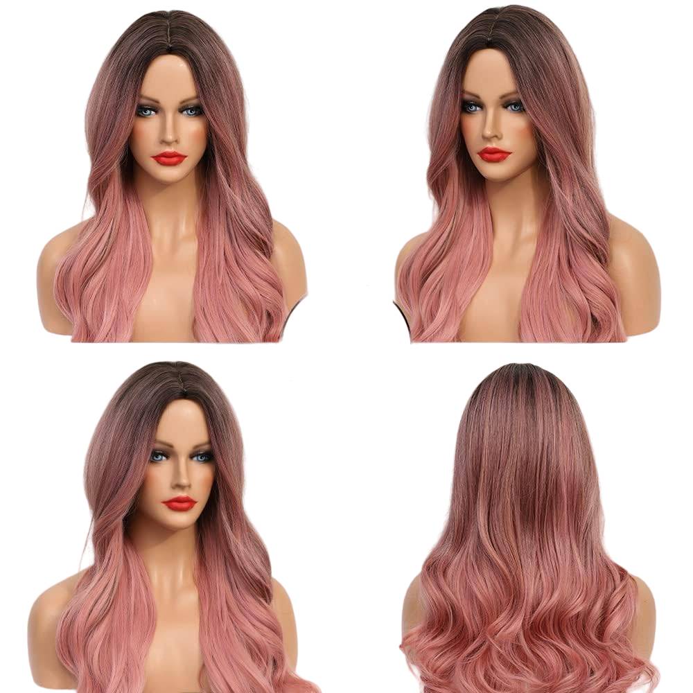 Long Wavy Ombre Pink Wig – Heat-Resistant Synthetic Hair with Natural Waves